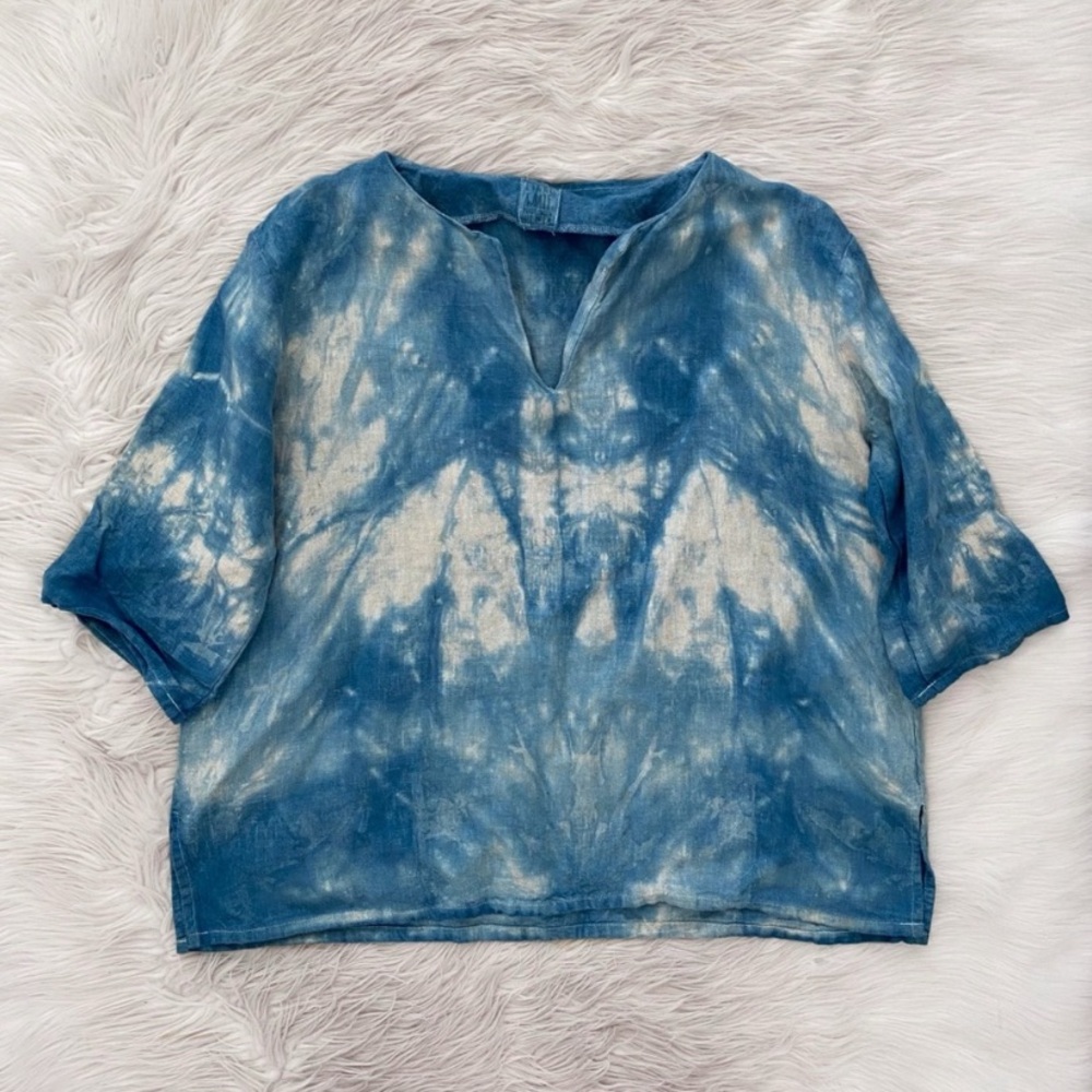 Lykke Wullf Blue Tie Dye Linen Flax Short Sleeve Boxy Oversized Shirt Artsy